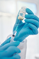 Image showing Medical doctor holding covid vaccine, giving injection during checkup and preparing needle for consultation. Closeup of the hands of a heathcare worker, expert or professional working at hospital