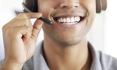 Image showing . Friednly call center, customer support or contact us employee working at telemarketing company. Closeup of happy crm worker or receptionist talking in headset in agency office.