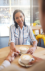 Image showing Happy, relax and in love couple holding hands on a coffee date at cafe, bonding and sharing romantic moment. Pov of a girlfriend from a boyfriend loving and flirting, showing care with sweet gesture