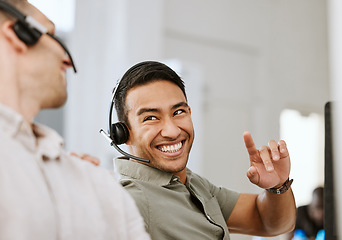 Image showing Happy, smiling and laughing call center agent at an insurance company talking to colleague at a help desk. Contact us and our sales customer service support centre and learn about us and thank you