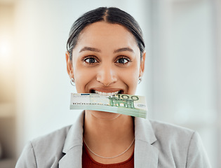 Image showing Money, happy and smiling business woman expressing spending cash for a dental plan. Female showing her wealth of saved income, planning finance and budget for investment or growth for sustainability.