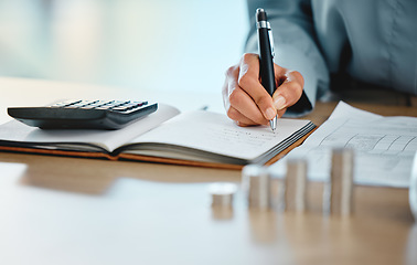 Image showing Closeup of auditor, banker and business finance accountant hands analyzing, calculating and recording tax calculations. Woman working on calculator to manage budget saving payments and expenses.