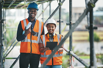 Image showing Construction, building and civil engineering team or on site workers with a tablet and plans. Portrait of contractors working as a team feeling happy and ready to engineer and build in the city