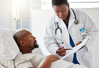 Image showing Hospital, consulting doctor and patient in bed for check up. Diagnosis, medicare and medical aid or insurance for prescription. Professional healthcare worker talking about surgery procedure.