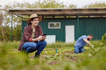 Image showing Digital, cloud computing farming and planning on a phone of growth, sustainability of a happy farmer. Online internet data and agriculture big data of farm, clean energy and ecology technology data