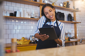 Image showing Restaurant worker on tablet, phone call and making food payment, delivery or crm conversation with a customer. Business owner or manager of fast food store, coffee shop or cafe shopping for supplies
