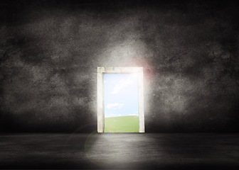Image showing CGI rendering of a doorway into a bright future or opportunity for success. Copyspace background in a dark room with sunlight concept of a dream for business growth development or successful outcome