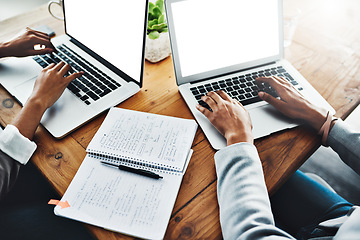 Image showing Colleagues, employees and team doing proposal, planning and searching for ideas on the internet. Business people working on laptop, writing notes in book and typing emails together at work from above