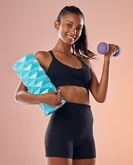 Image showing Active, weight training and fit woman on diet at gym for body health, healthy muscles and flexibility. Young slim female doing fitness pilates workout or exercise for mobility, wellness and strength