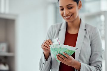 Image showing Financial growth, retirement saving and holding money notes by a young female with cash indoors. Bank notes showing growing investment, banking capital and finance budget of a happy woman accountant