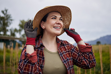 Image showing Happy agriculture farmer woman on farm checking clouds sky for outdoor farming, gardening and countryside living. Sustainability worker on a grass field looking at weather with smile for crops growth