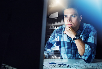 Image showing IT technician thinking and working on cyber data protection on a computer. A programmer updates a newly installed program to avoid online hacking. Young male software developer coding the database