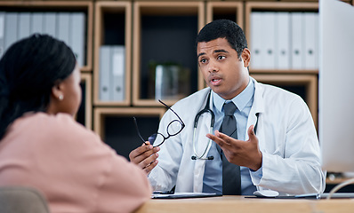 Image showing Doctor talking to patient in medical consultation, checkup and visit in clinic, hospital and healthcare center. Professional, gp and frontline worker explaining symptoms while asking woman questions