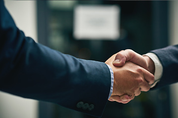 Image showing Handshake, deal and successful merger closeup after agreement. Professional people building a career and relationship with trust. Formal business gesture after meeting or welcome greeting.