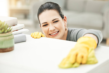 Image showing Spring cleaning, chores and sanitize for a clean, hygiene and fresh home while doing housework. Happy woman, cleaner and housekeeper wiping to disinfect a surface during routine household task