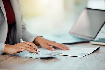 Image showing Auditor, banker and business accountant womans hand calculating, planning and doing financial paperwork closeup. Young businesswoman managing investment, profile and insurance claims for client.