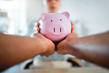 Image showing Piggybank, finance and planning savings budget with financial advisor, bank manager and accountant. Closeup of hands holding, taking and protecting future investment after consulting a professional