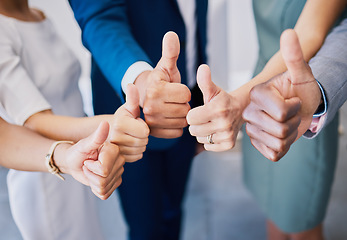 Image showing Closeup thumbs up, hand or sign for success, support or trust. Diverse group or team of business men, women or colleagues showing thumb as thank you or approval to idea plan, strategy or good news