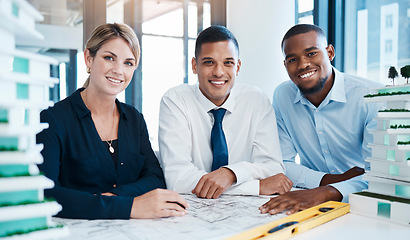 Image showing Industrial design, development and diverse engineers working on an innovative project as a team. Portrait of multiracial, expert and professional industry workers analyzing a construction drawing.