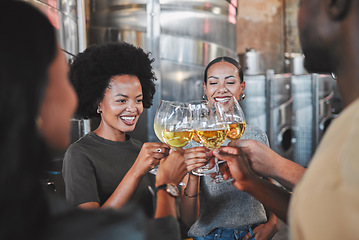 Image showing Celebration, wine glasses and friends toasting champagne on luxury getaway, wine tasting cuisine or celebrating success. Business people cheers or drinking vintage in winemaking business or industry