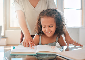 Image showing Homework, support and mother with girl student teamwork, education and learning kindergarten school work. Smile, notebook and mom study time with her smart, creative and happy girl writing in house