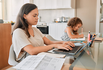 Image showing Mom working from home with distance learning child, multitasking childcare and work life balance during quarantine or lockdown. Single parent or mother and girl busy on laptop notebook and education