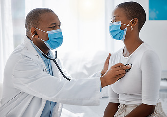 Image showing Healthcare, insurance and compliance with covid regulations during a consultation with a doctor and patient. Health care professional doing a checkup with a stethoscope on a young, happy woman