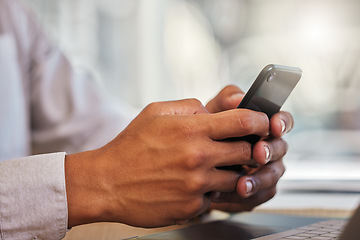 Image showing Web browsing, typing and social media on a phone looking at digital and web content. Hands 5g searching, writing and working on the internet using modern technology to connect with friends online