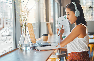 Image showing Laptop conference, workshop meeting or training on online zoom call in cafe, restaurant or coffee shop. Remote freelance woman with paper report on video conference education, presentation or webinar