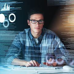 Image showing Computer programmer, software developer, or engineer working on computer database with futuristic CGI graphic data. Male information technology coder or a IT programmer coding company cyber security