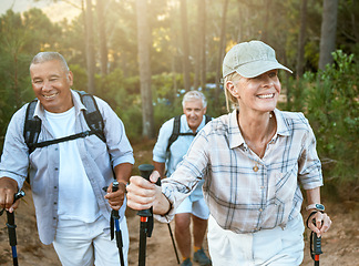 Image showing Hiking retired, elderly and senior friends or tourists in forest or mountains for fitness, health and wellness at old age. Diverse group of active mature pensioners outdoors on weekend hike in nature