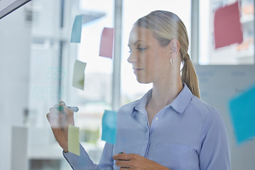 Image showing Creative, schedule and planning of a female designer writing plans for tasks or ideas at the office. Woman in design working on a project plan or strategy to organize work and productivity.