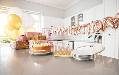 Image showing Birthday, kitchen and cake stand with balloons for house party. Happy event, gifts and baked sweet goods for guests to eat. Decorations, special celebration and beautiful table of presents