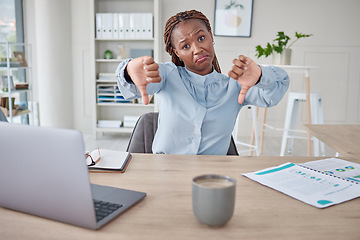 Image showing Thumbs down, inflation and economy crisis with a manager, boss or supervisor giving a negative review. Supervisor reject or refuse a job application. Banker has to reject finance or a home loan