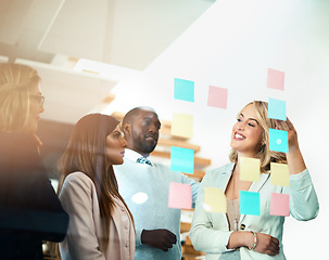 Image showing Office business people or management meeting with sticky notes for planning a marketing leadership strategy. Creative manager or leader together with team in collaboration for success of the business