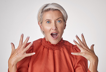 Image showing Wow, shock and surprised old woman amazed over success of new beauty, wellness and facial skincare routine portrait. A girl happy with her healthy skin, dermatology and anti aging cosmetic products