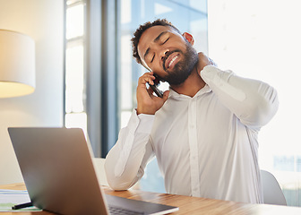 Image showing Neck pain, muscle and work stress of a corporate man on a business call at a computer. Tired businessman worker with burnout anxiety working online on a internet finance risk report with a headache