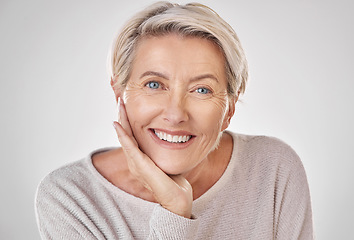 Image showing Botox at spa, woman with invisalign, luxury facial and wellness salon. Smile with natural makeup, acnefree dermatology skincare and healthcare insurance. Portrait of happy, wealthy and relaxed woman.