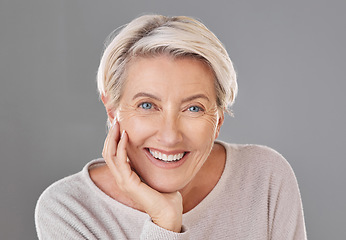 Image showing Skincare, beauty and happy senior woman or face model with healthy teeth giving a smile on a headshot studio portrait. Dental, wellness and cosmetic surgery for elderly women to stay beautiful