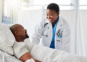 Image showing Healthcare doctor, insurance, and patient in bed talking of medical health surgery in hospital or clinic. Trust, care and help checkup by a happy, woman cardiologist worker consulting a sick person