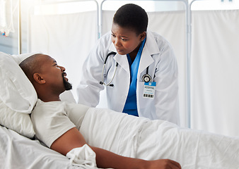 Image showing Consulting, hospital plan and healthcare with a sick patient talking to a doctor after cancer diagnosis. Caring health care professional support and explain treatment option to a worried man in bed