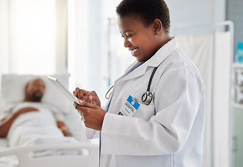 Image showing Healthcare, insurance and doctor reading good test results or an exciting email on a digital tablet and feeling positive. Medical worker smiling due news of cure or treatment for her sick patient