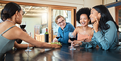 Image showing Social friends drinking wine, relaxing and talking together in a restaurant for fun, reunion and happy bonding. Diversity of smile people enjoying conversation, food and drink at a dining party