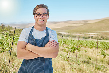 Image showing Vineyard and happy farmer man in the countryside with smile at a farm in nature in summer. Health, agriculture and success portrait of a young worker on a field in sustainability on a sunny day.