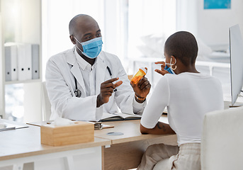 Image showing Doctor talking to covid patient of pills or medication in a hospital or clinic. Trust, help and expert advice on healthcare insurance and gp doc consulting with prescription product and face mask