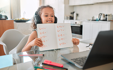 Image showing Zoom class, virtual teaching lesson and online education with clever kid showing math homework, test and sums for distance learning on video call with laptop. Home school child, girl and student