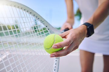 Image showing Closeup tennis ball, racket and sport for fit, active and healthy player training and exercising for practice. Professional player getting ready to serve for routine court workout and exercise match