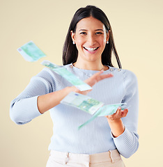 Image showing Money, investment growth and finance success of happy, winning and celebrating woman throwing cash, salary or earnings. Portrait of rich girl showing off growing wealth, profit and financial freedom