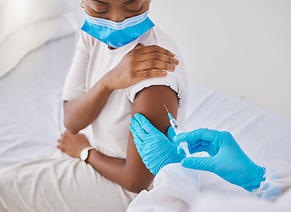 Image showing Covid virus vaccination, vaccine or needle on patient arm in a medical hospital or clinic facility. Healthcare worker injecting jab flu shot of antibodies and antigen for protection against diseases