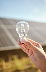 Image showing Mockup of hand with light bulb for solar energy in nature, sustainability for green change and clean energy for future environment. Research in sustainable industry and innovation with electricity